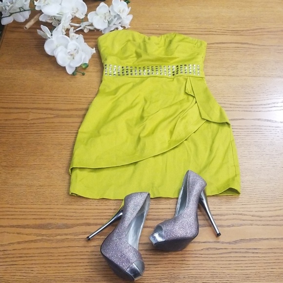 Love Tease Dresses & Skirts - NWOT Strapless Dark Yellow Green Studded Dress